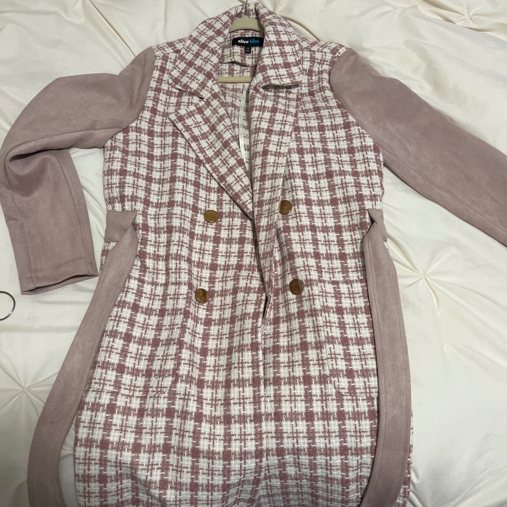 Pink Houndstooth belted coat with suede detail